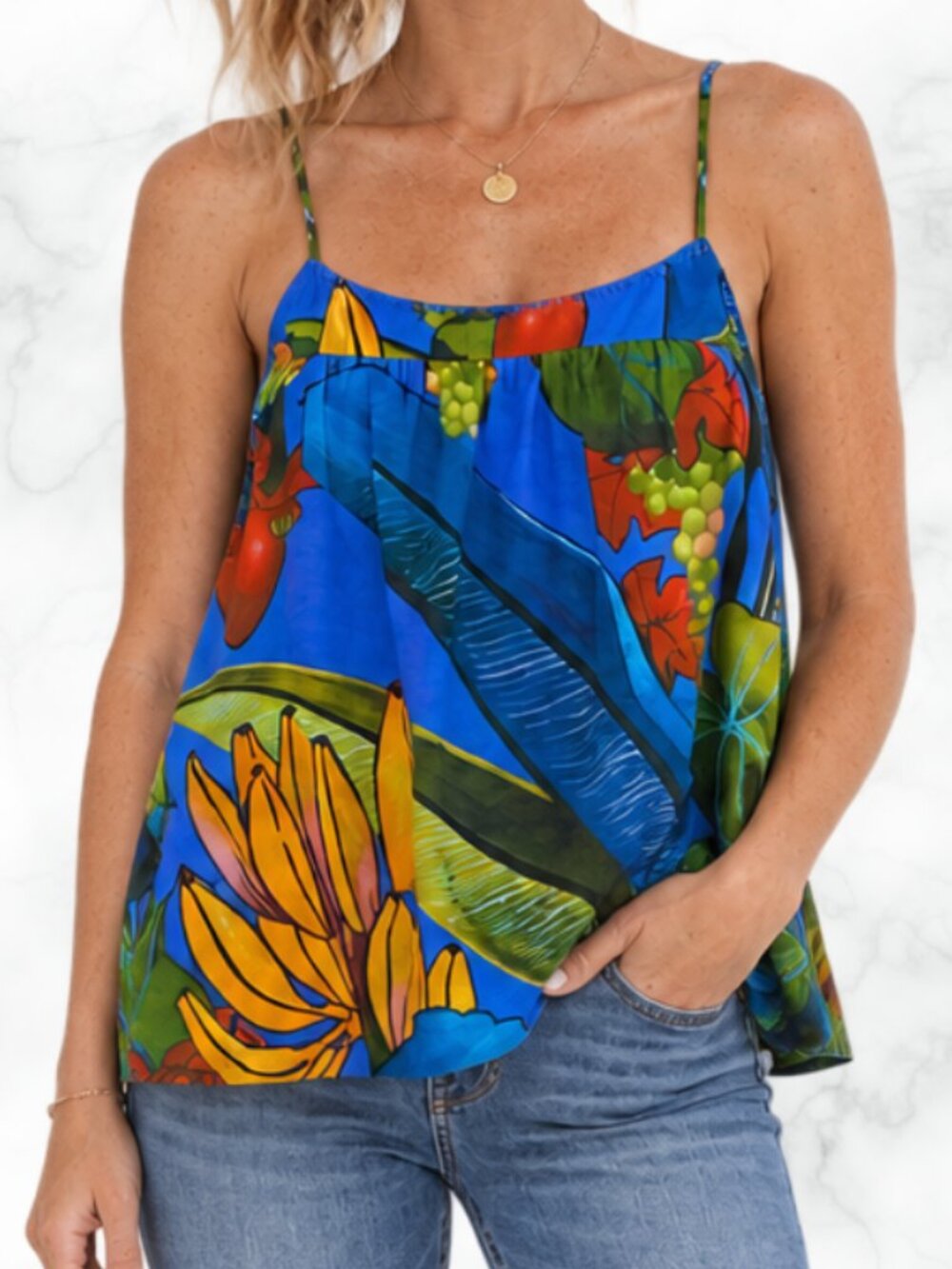 NWT FARM RIO Banana Grapes Tropical Print Linen Cami Top Blue M - Picture 5 of 13